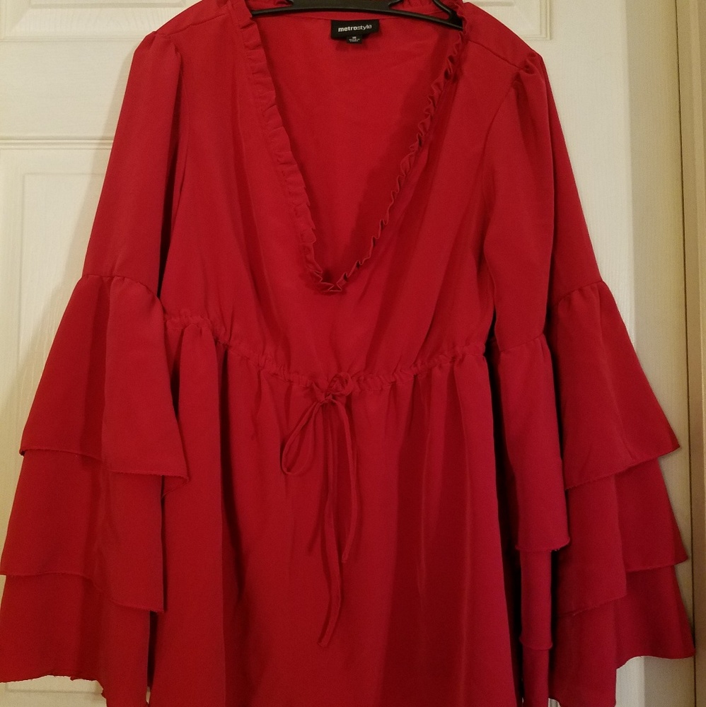Red Ruffle bell sleeve v neck blouse
